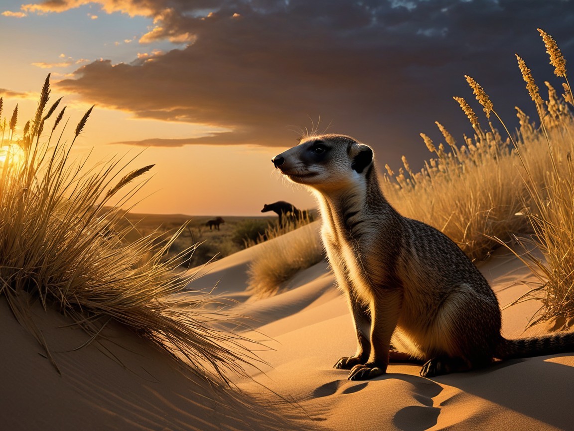 Meerkat on Sandy Dunes at Sunset with Grasses