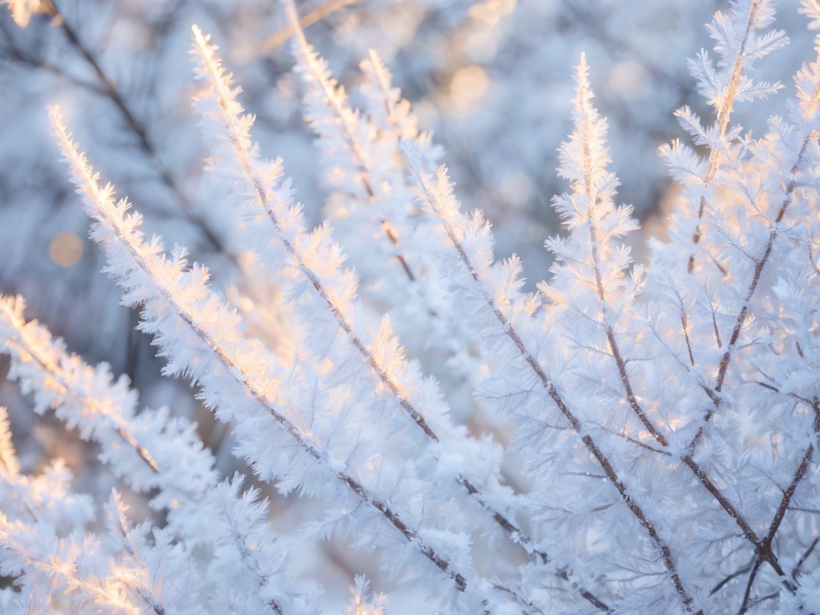 Frosty Tree Branches Covered in Crystalline Hoarfrost