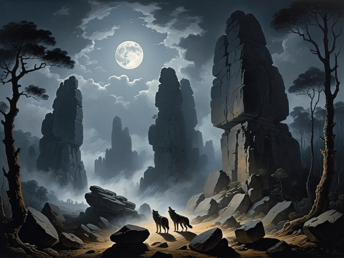 Wolves Under Full Moon in Mystical Landscape