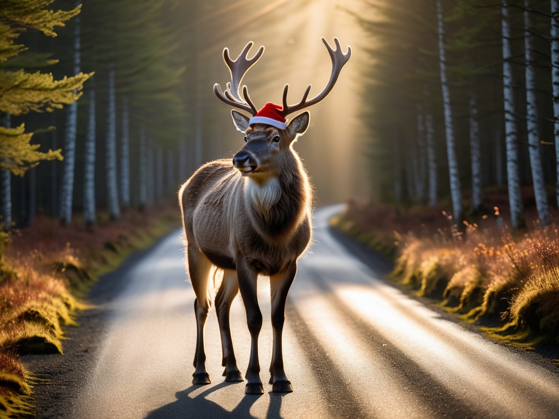 Reindeer in Santa Hat on Forest Road with Sunlight