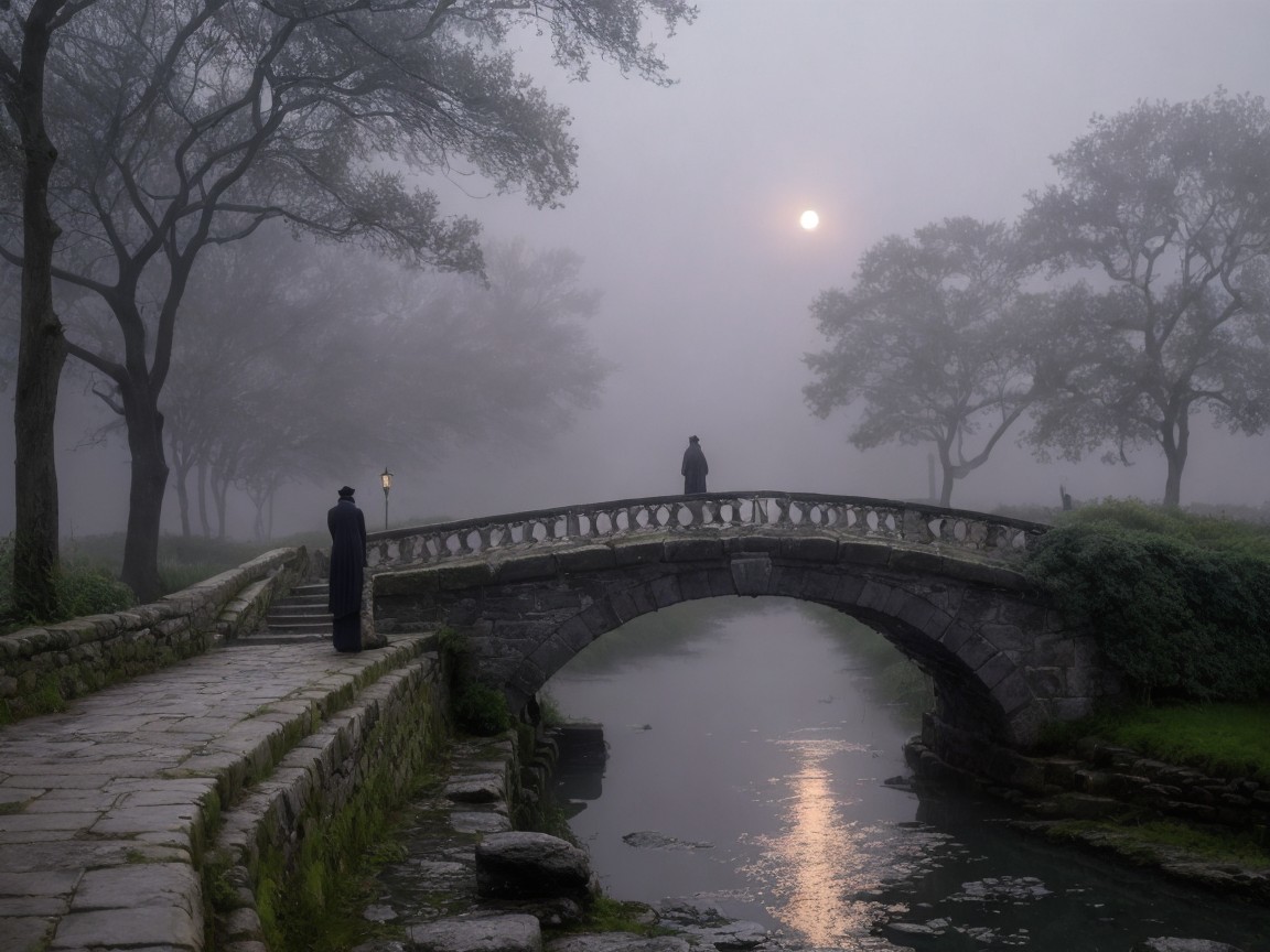 Mist-Covered Stone Bridge Over a Calm Stream