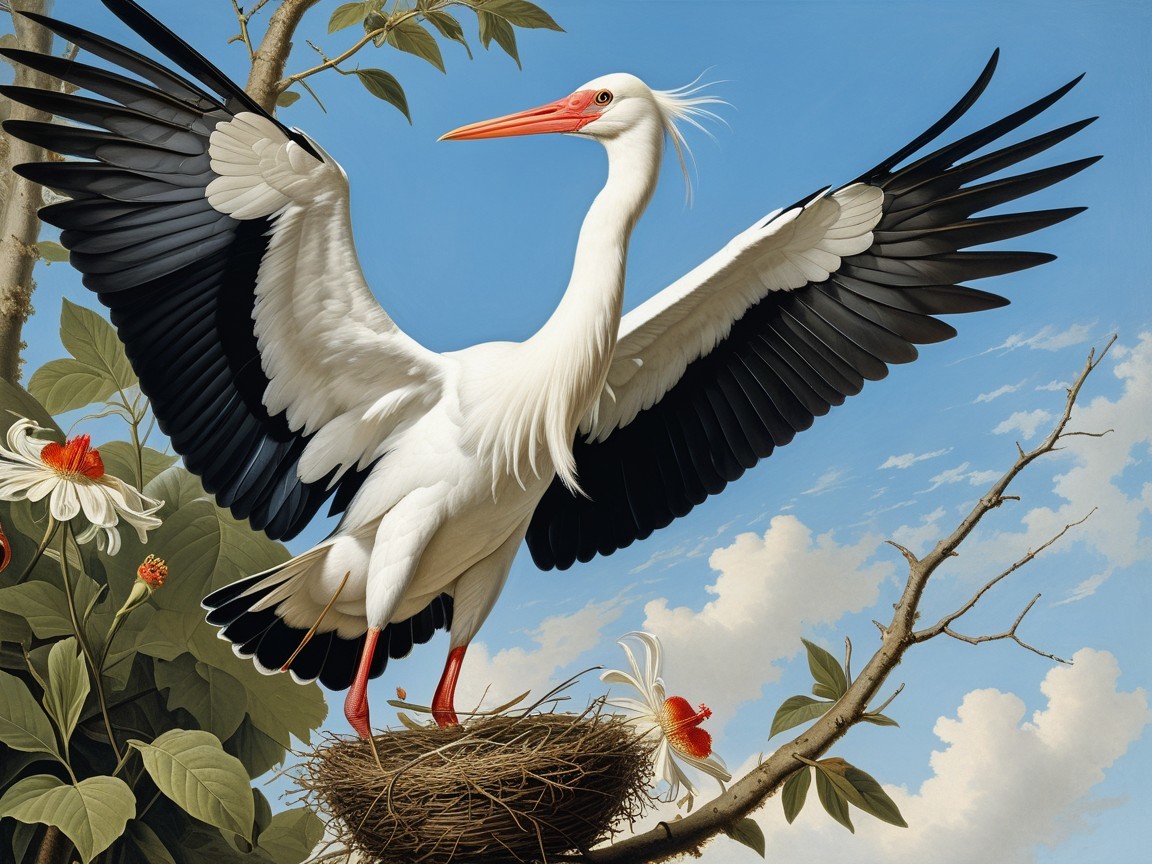 White Heron Nesting with Black-Tipped Wings in Nature
