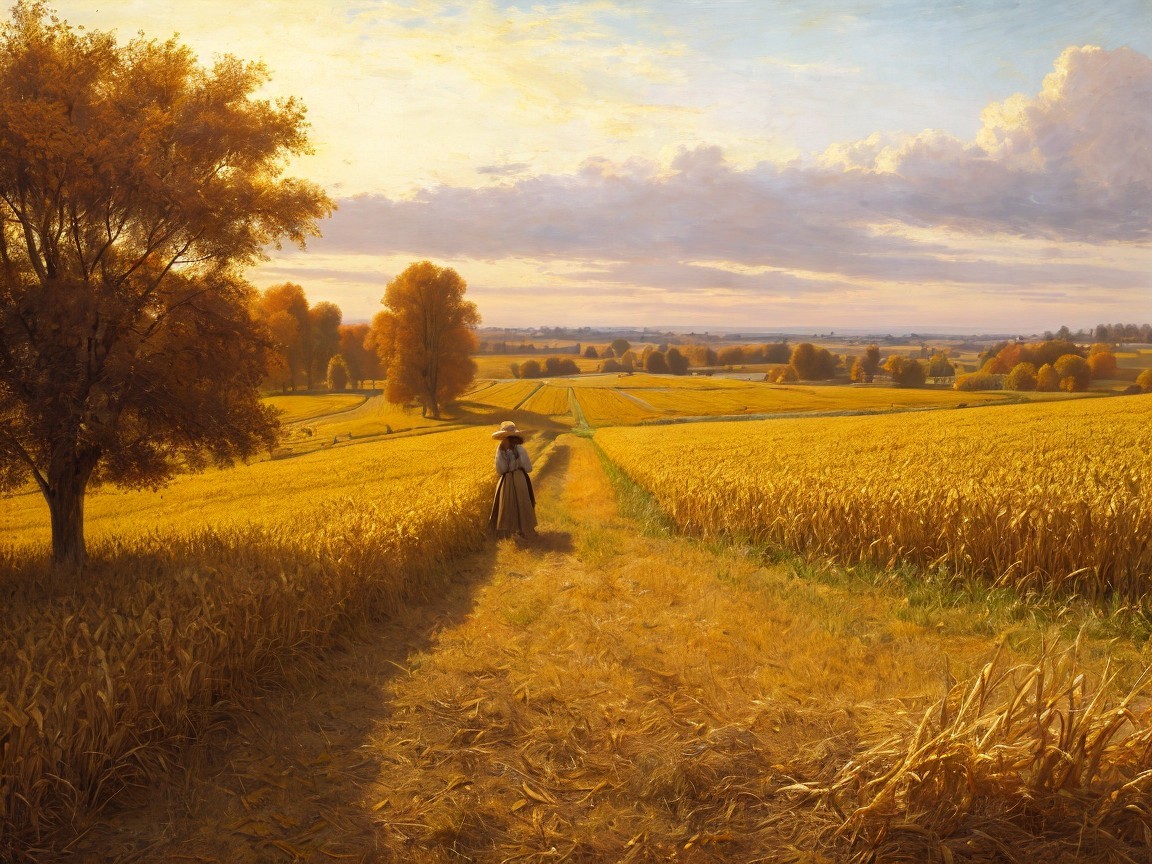 Golden Autumn Field Landscape with Woman Walking