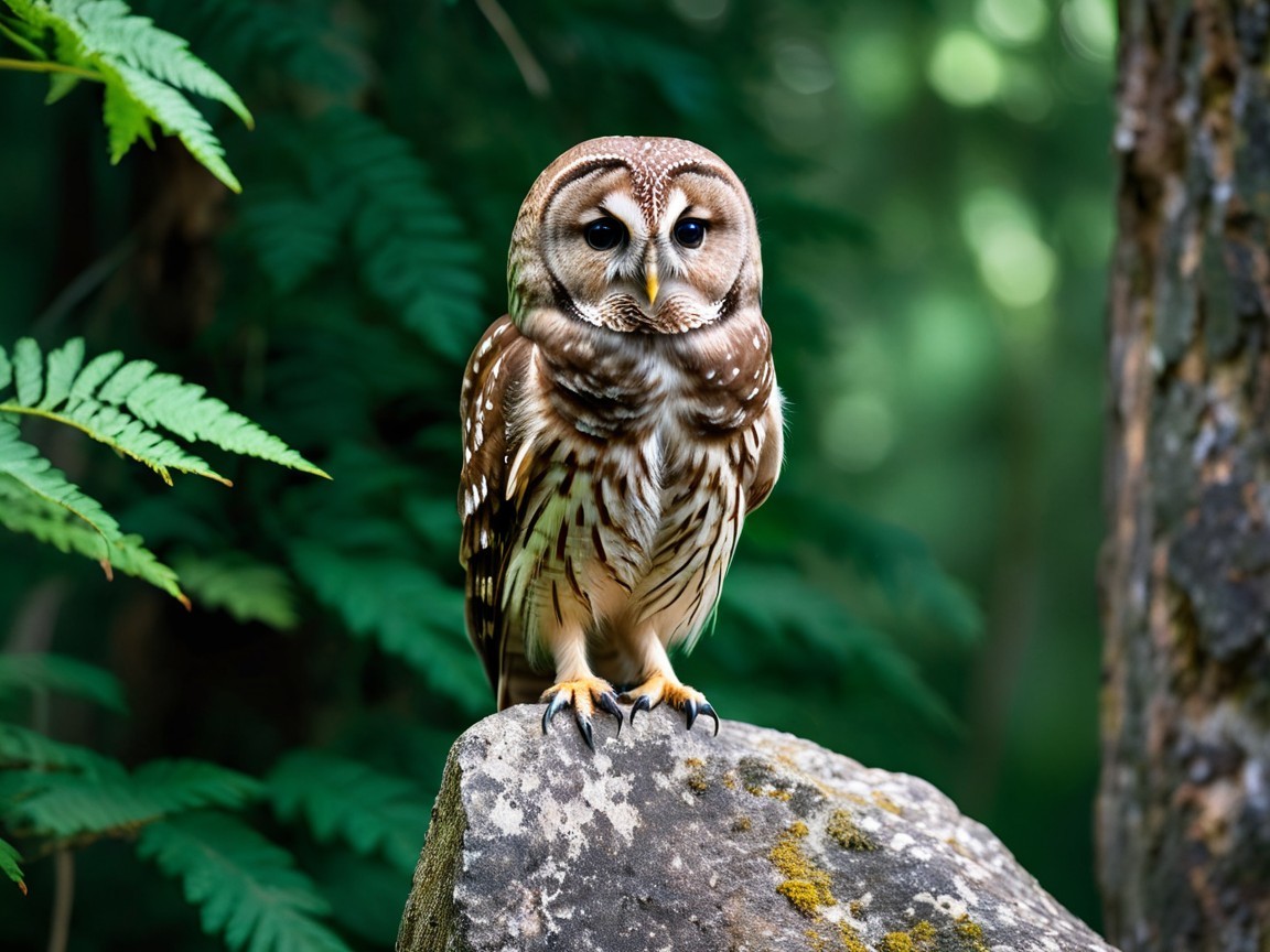 Solitary owl on moss-covered rock in lush forest