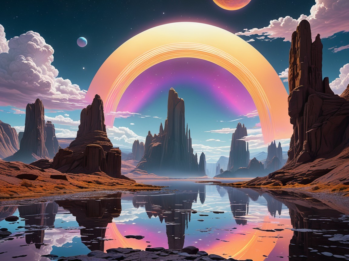 Alien Landscape with Rock Formations and Water