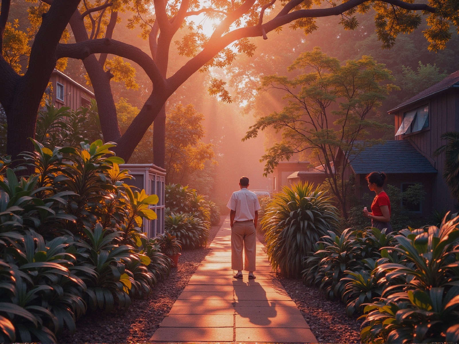 Serene Pathway with Sunset and Lush Garden Scene