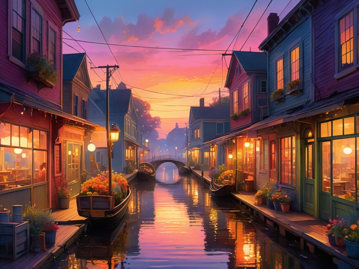 Tranquil Canal Scene at Dusk with Colorful Houses