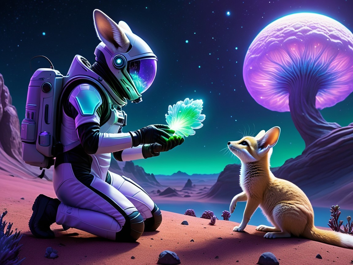Astronaut and Fox-like Creature in Alien Landscape