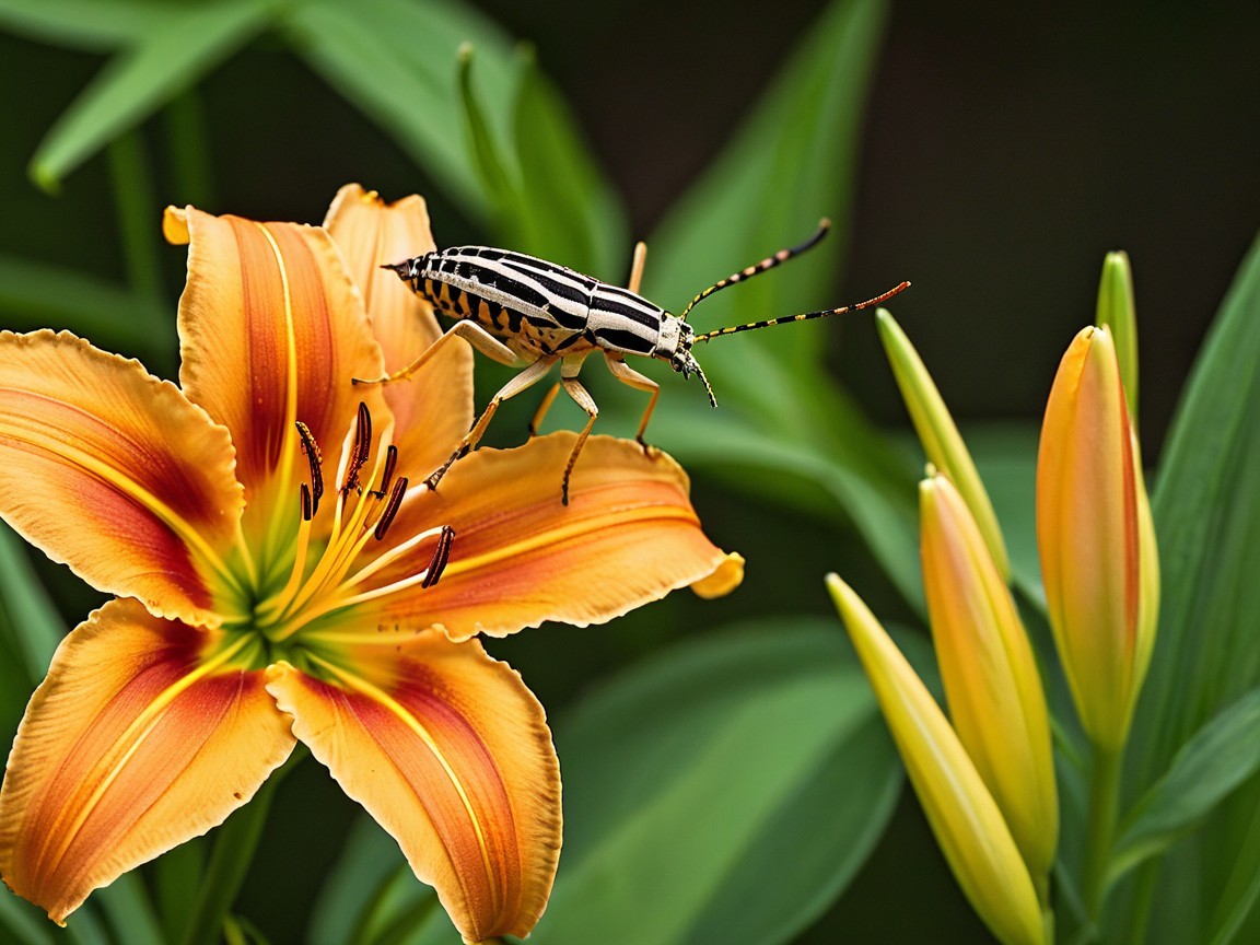Close-Up of Orange Lily with Insect and Green Foliage