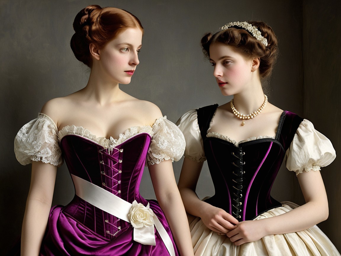 Elegant Women in Historical Gowns with Intricate Designs