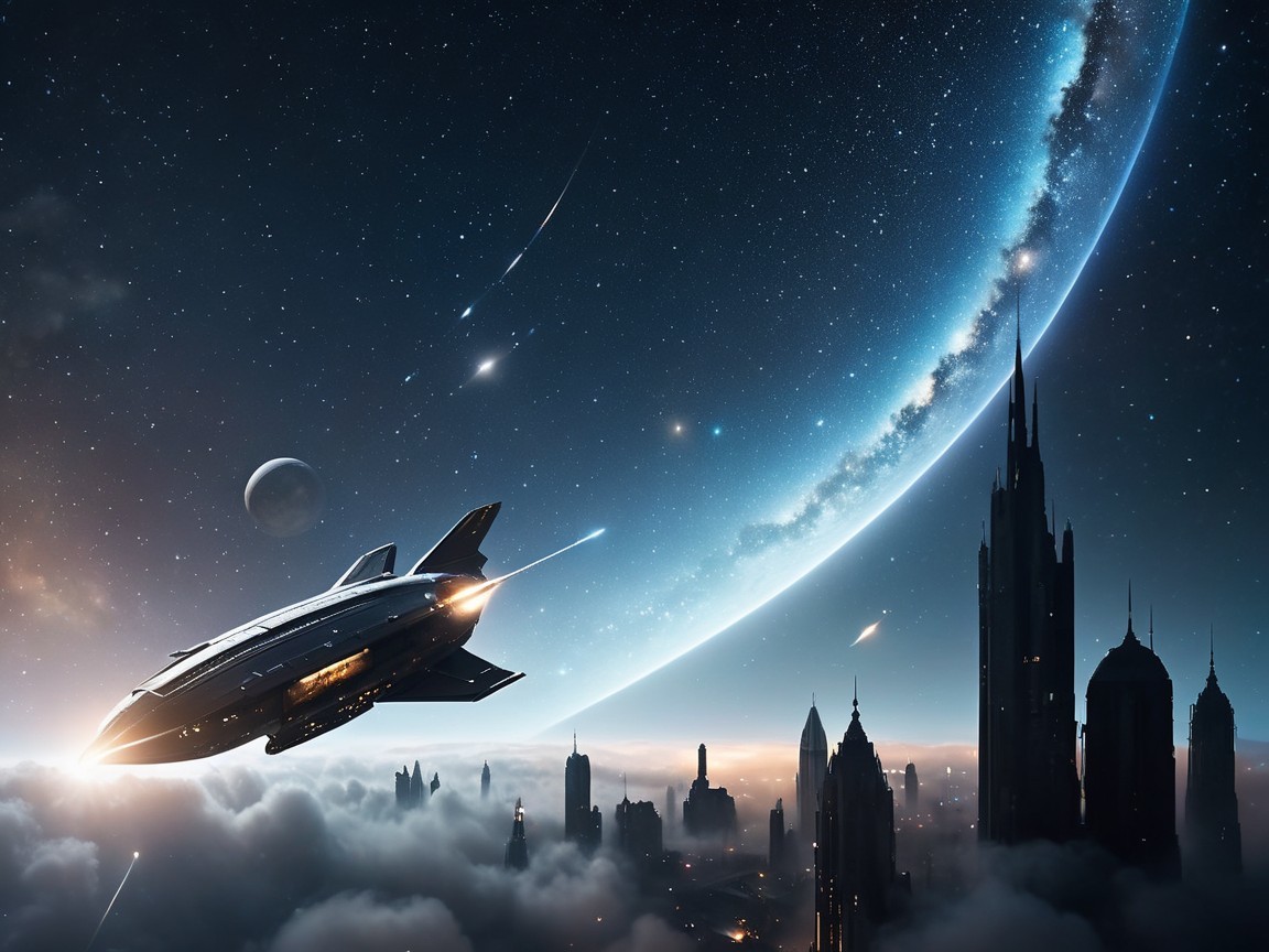 Futuristic spacecraft over advanced cityscape and stars