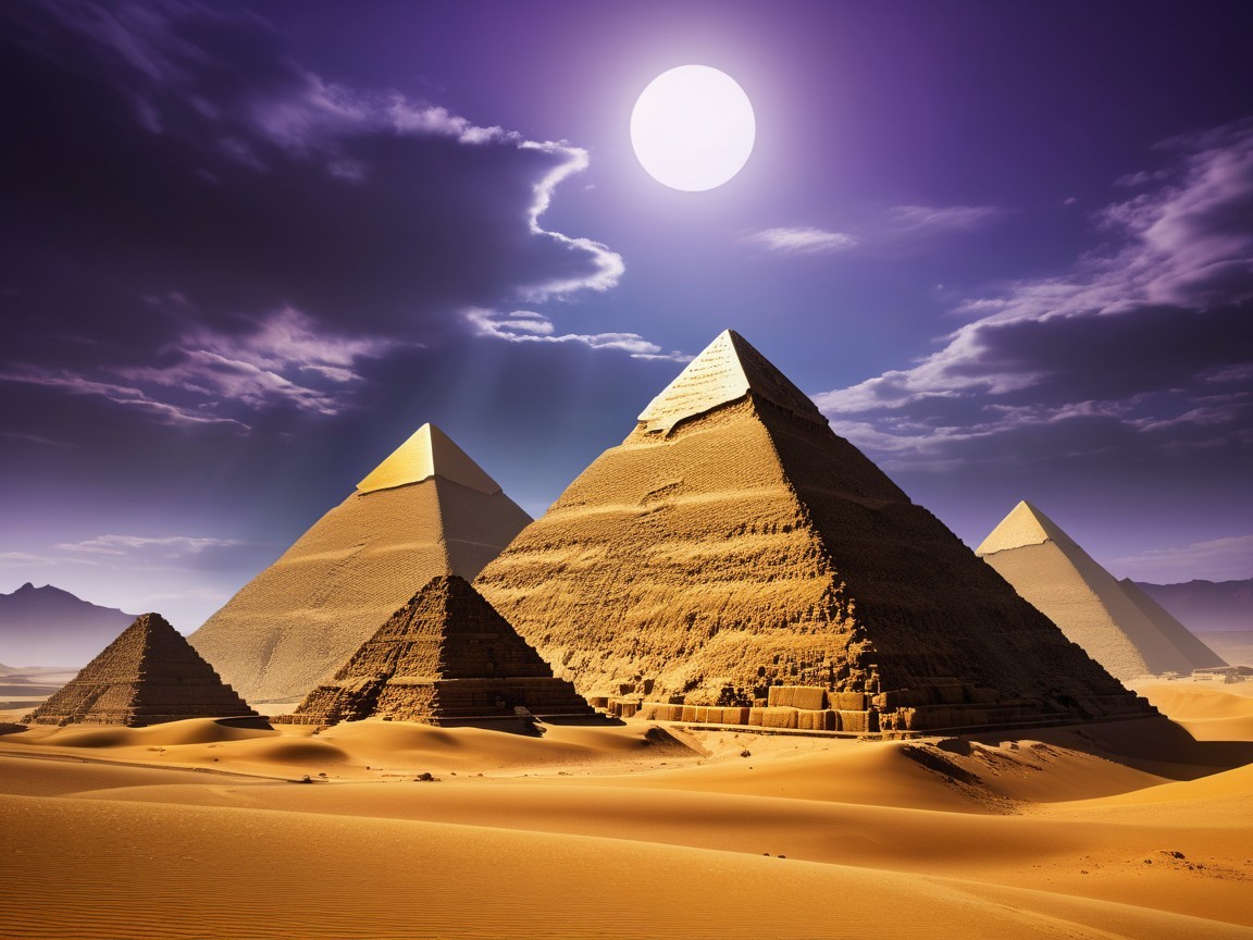 Pyramids in Desert Under Dramatic Sky at Sunset