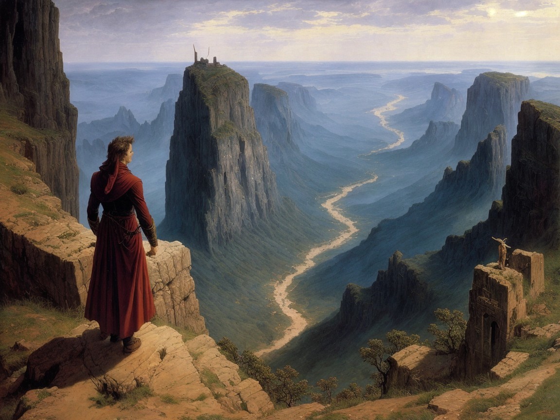 Lone Figure in Red Cloak Overlooks Dramatic Landscape