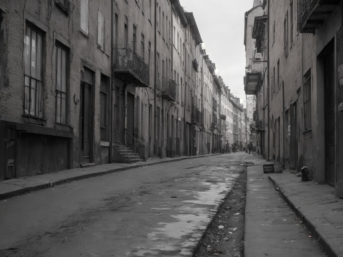 Deserted Narrow Street with Weathered Buildings in B&W