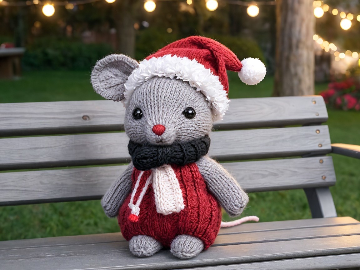 Stuffed Mouse in Festive Outfit on Wooden Bench