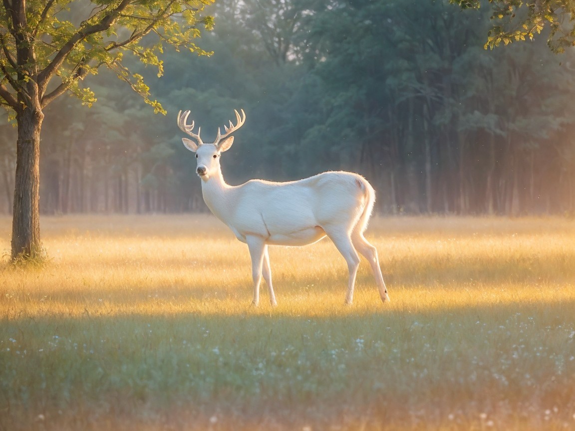 White Deer in Sunlit Meadow with Gentle Light