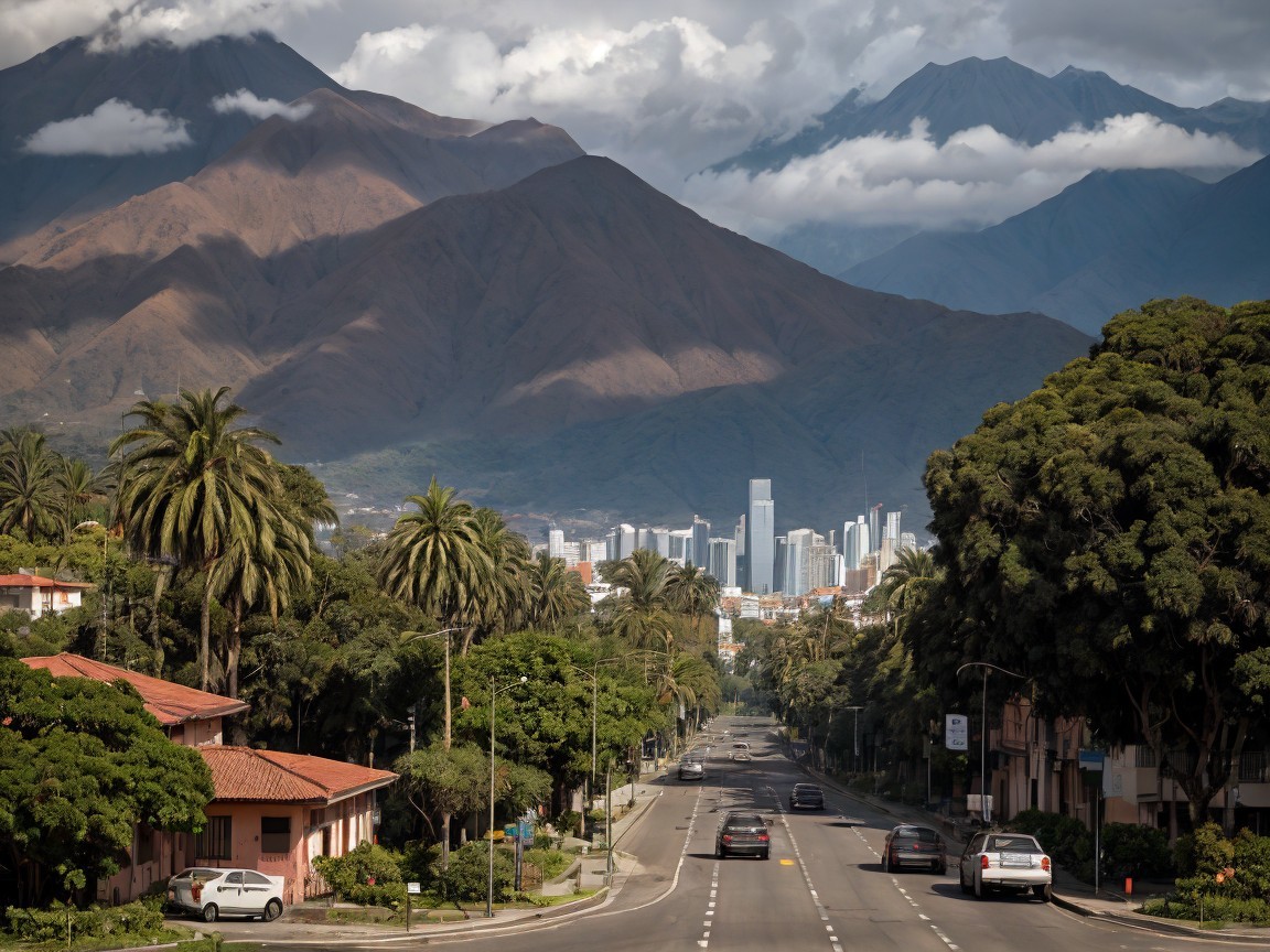 Tree-lined road with city skyline and mountains