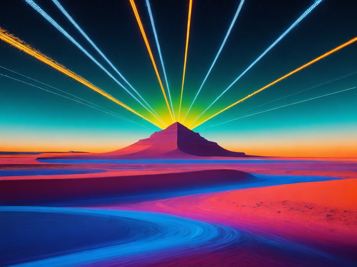Vibrant Desert Landscape with Pyramid Mountain and Colorful Sky
