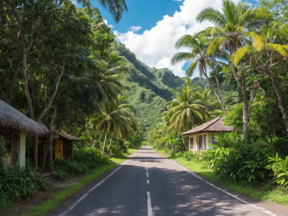 Tropical Road Surrounded by Lush Greenery and Huts