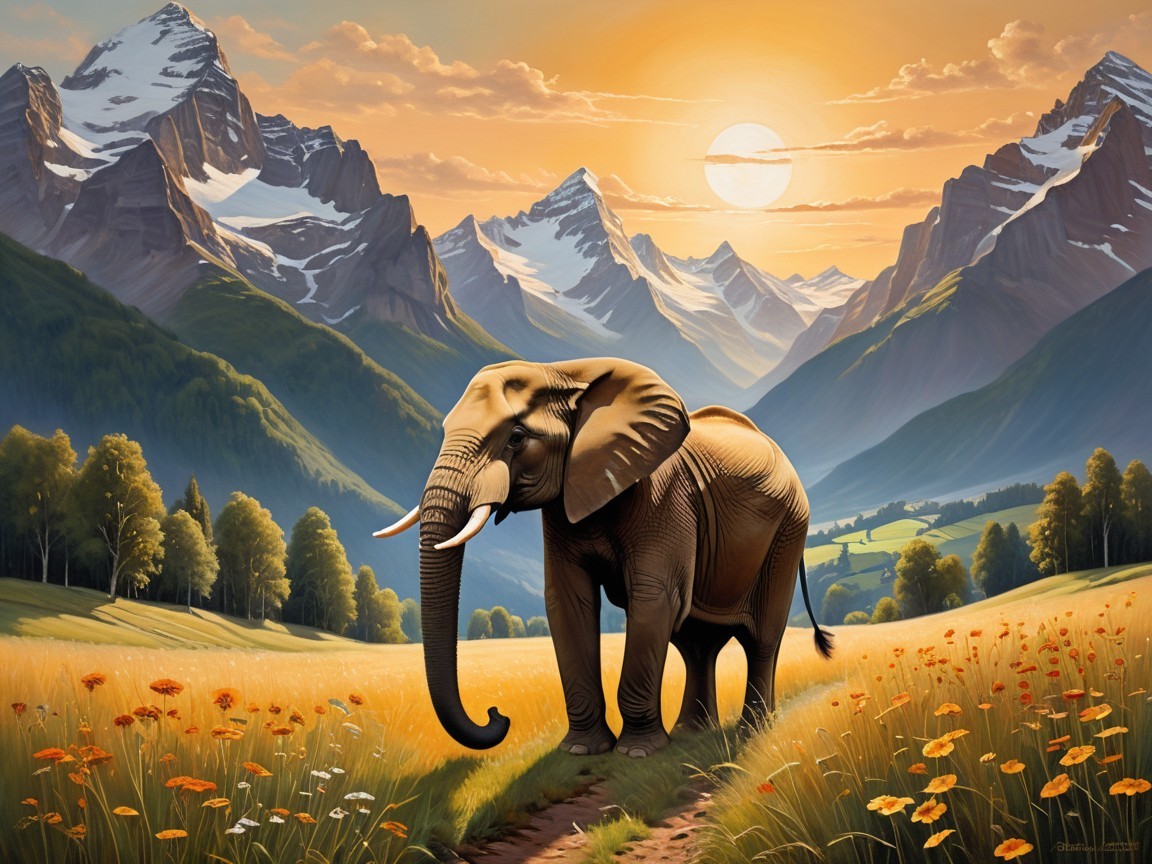 Elephant in Vibrant Meadow at Sunset with Mountains