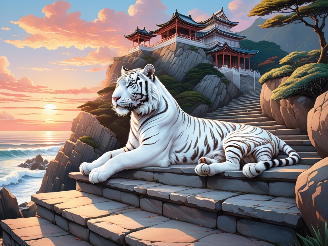 White Tiger Overlooking Coastal Landscape at Sunset