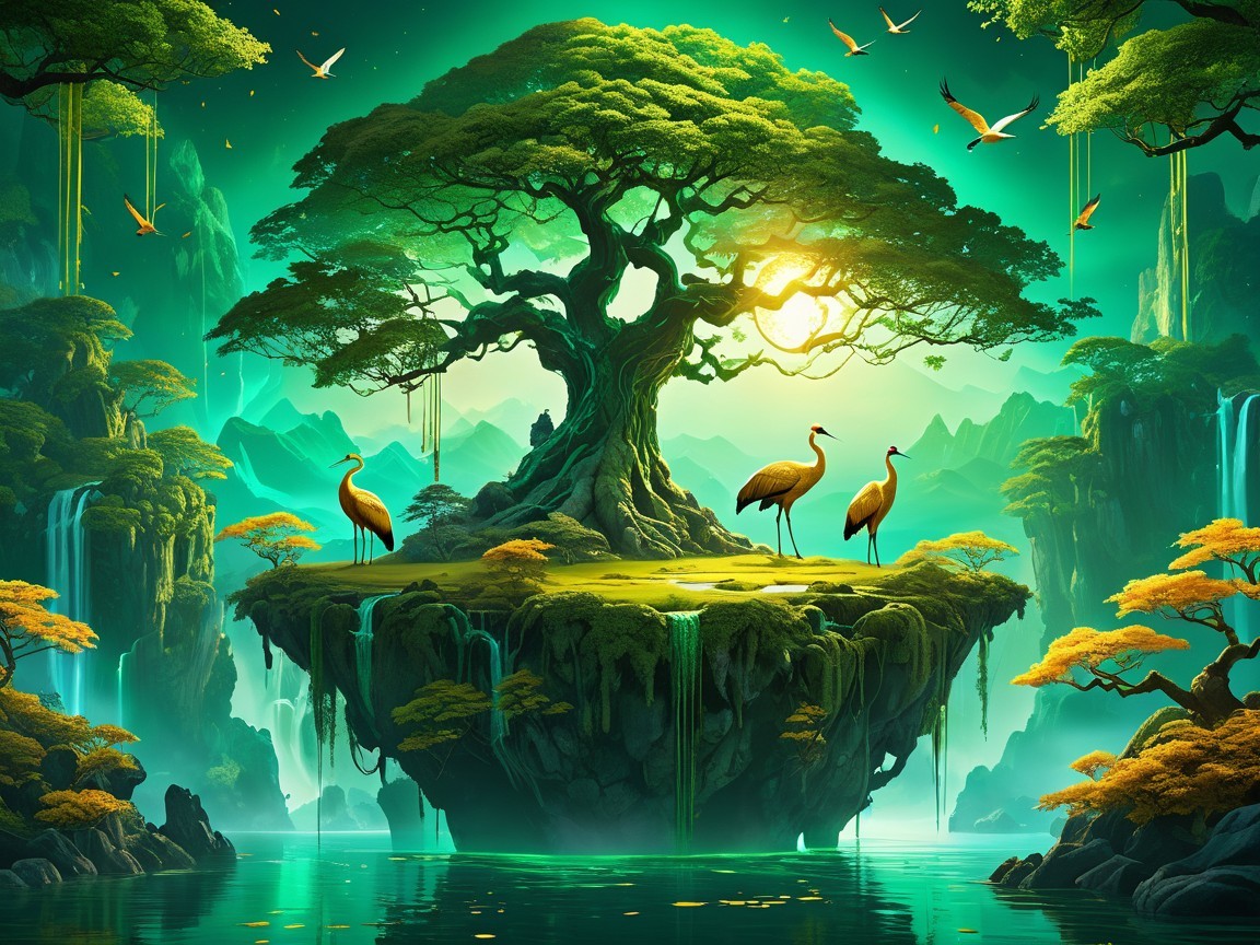Serene Landscape with Ancient Tree and Cranes