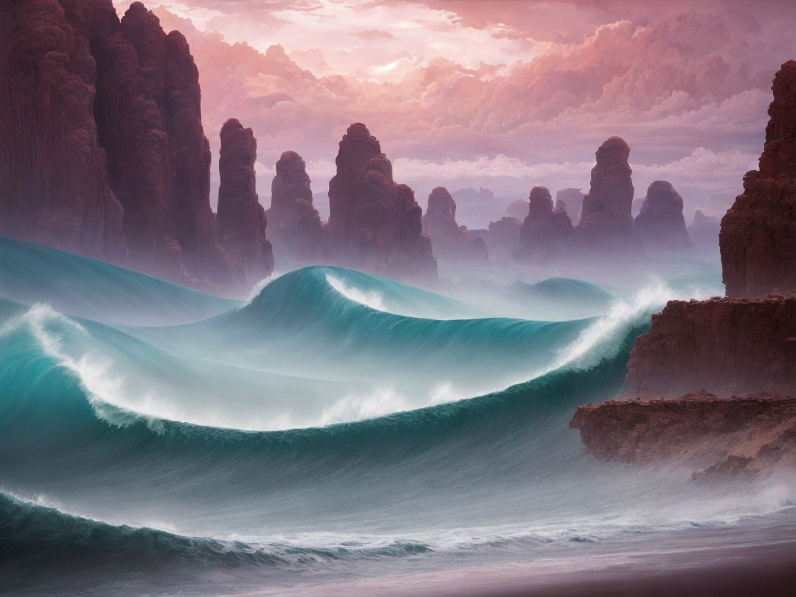 Coastal Scene with Waves and Rugged Rock Formations