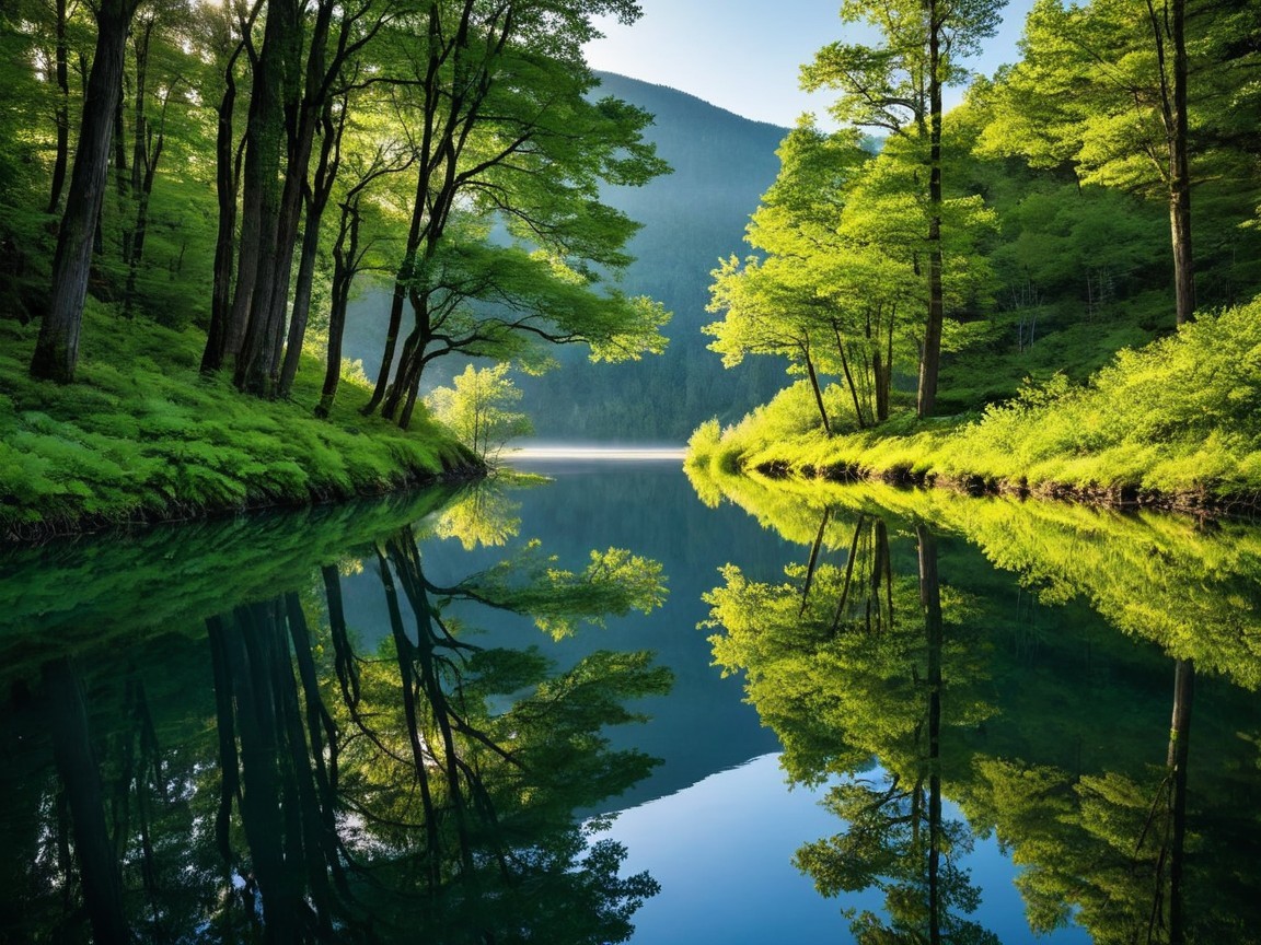 Serene Landscape with Calm Water and Lush Greenery