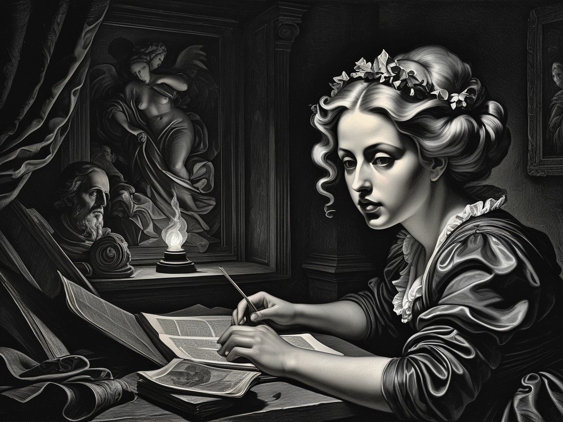 Young Woman Writing at Dimly Lit Desk with Candlelight