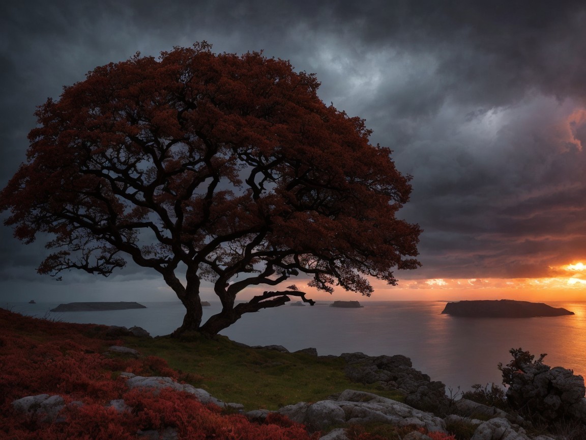 Silhouette of a Tree at Sunset with Autumn Foliage