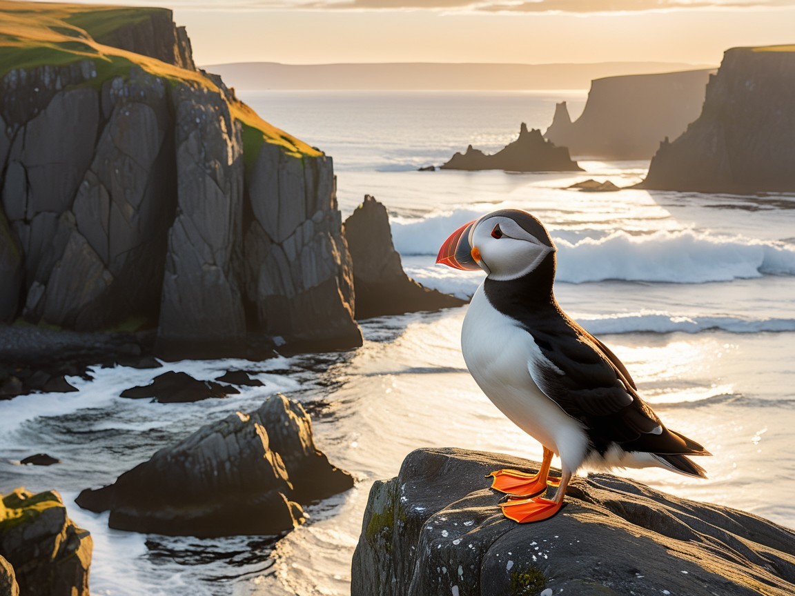 Colorful Puffin on Rocky Ledge at Sunset Coastline
