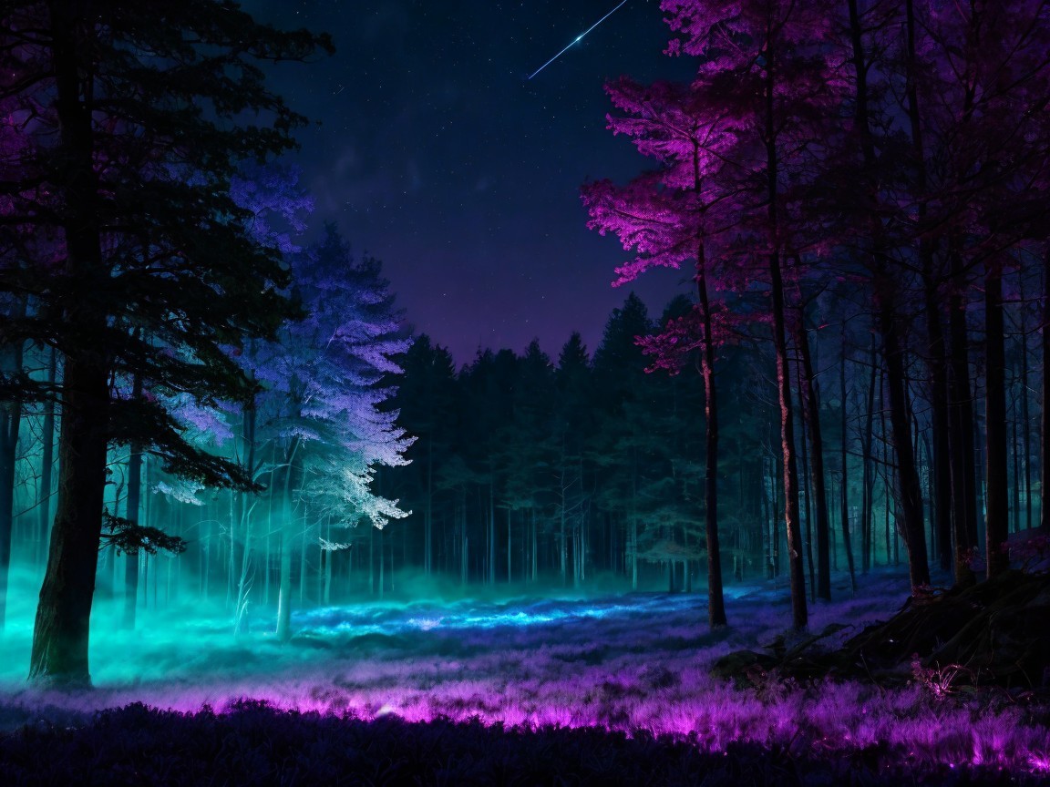 Mystical Forest Scene with Blue and Purple Tones