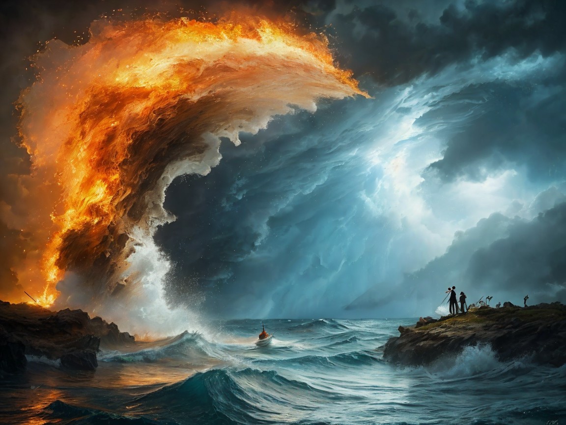 Fire and Water Clash in Dramatic Coastal Scene