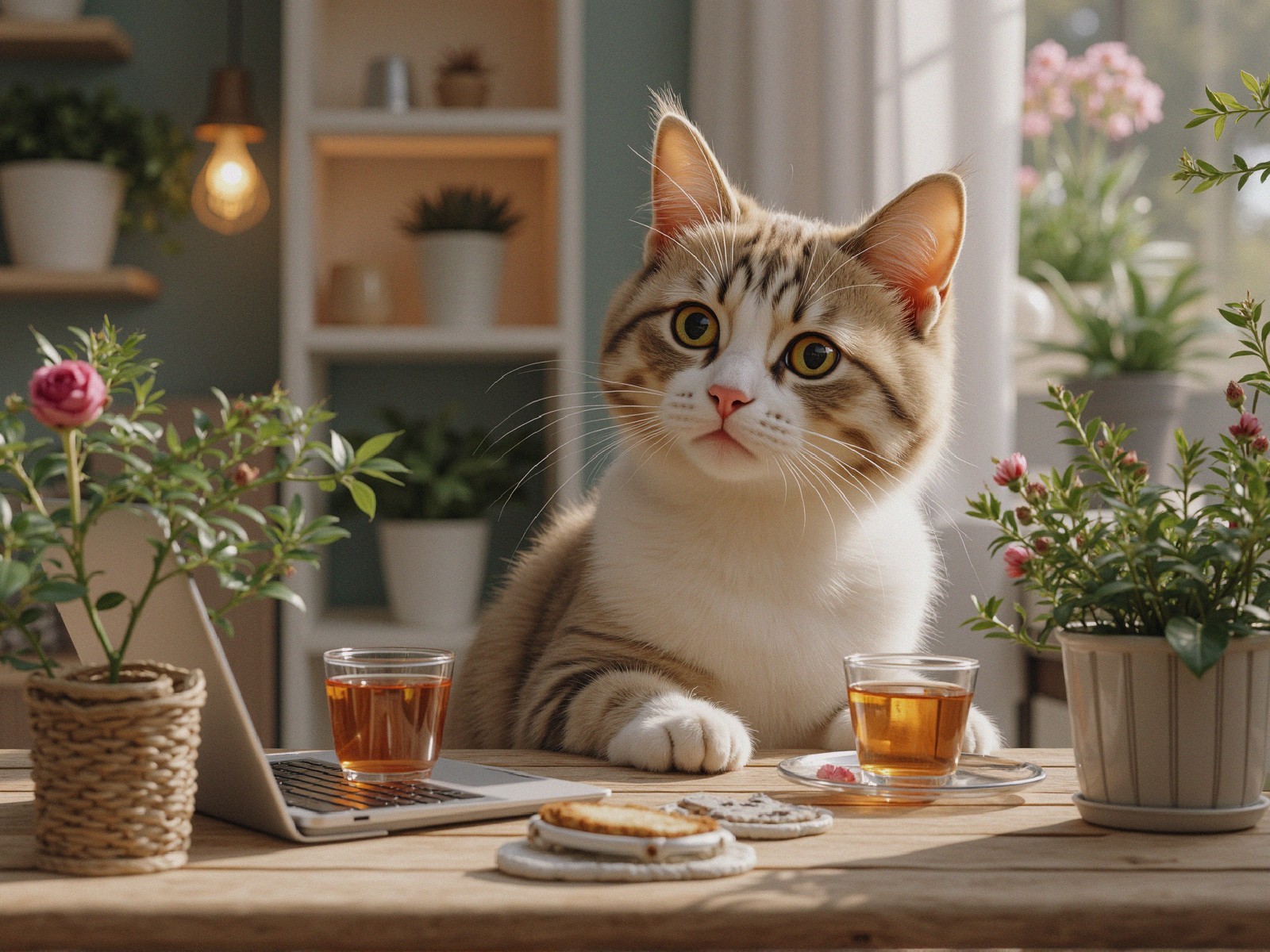 Cozy Indoor Scene with Cat, Tea, and Cookies