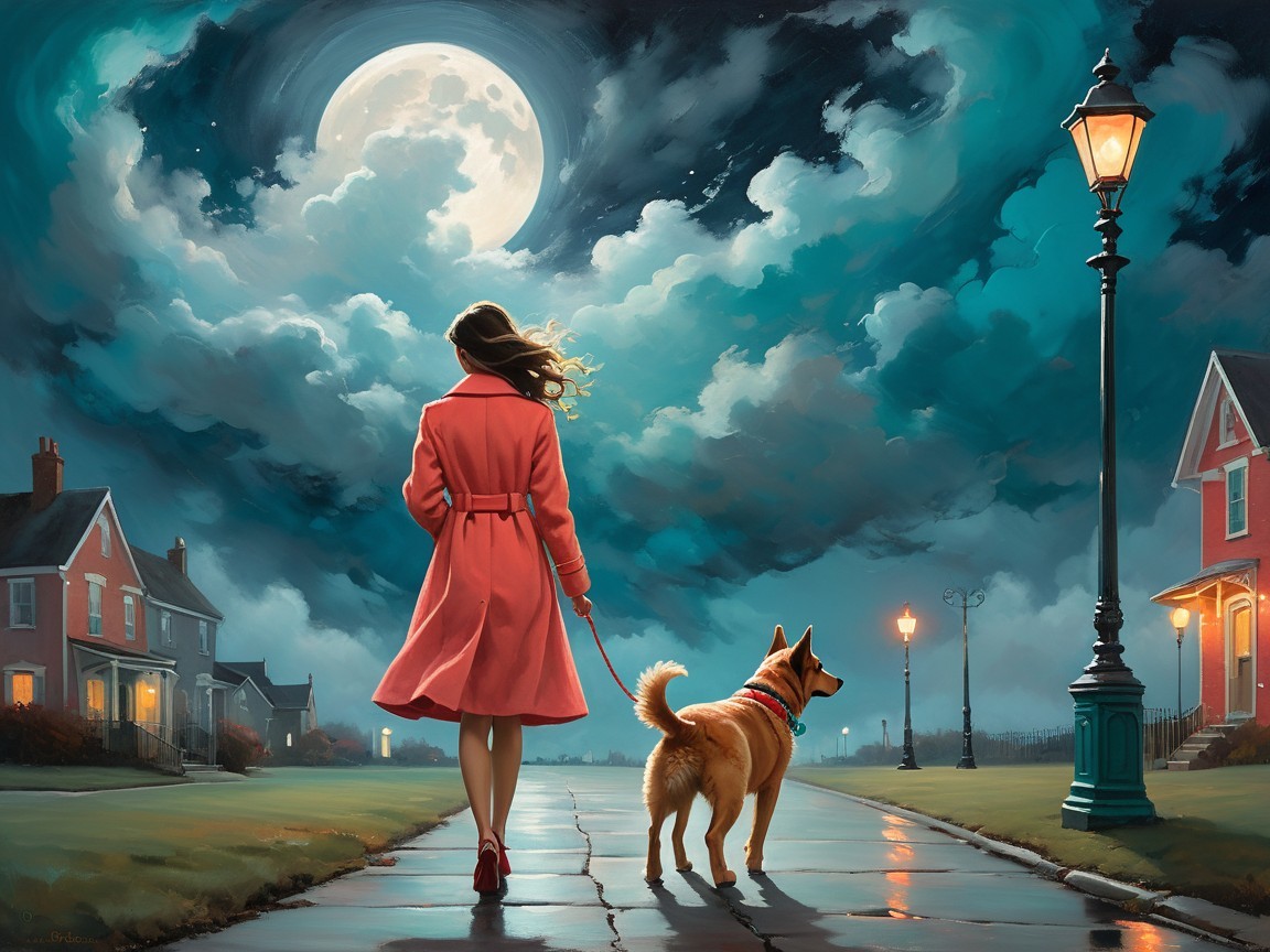 Moonlit Stroll with a Dog on a Charming Street