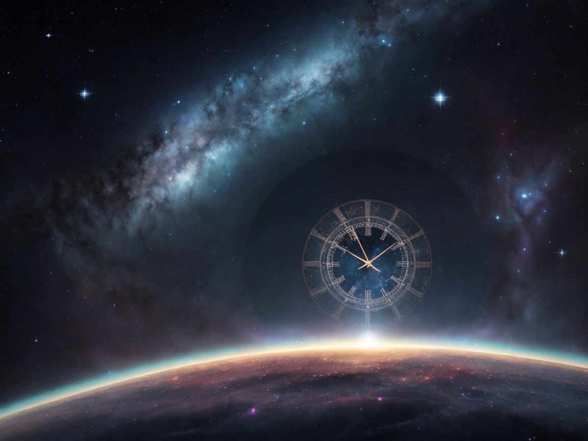 Vibrant Galaxy and Clock Face in Cosmic Scene