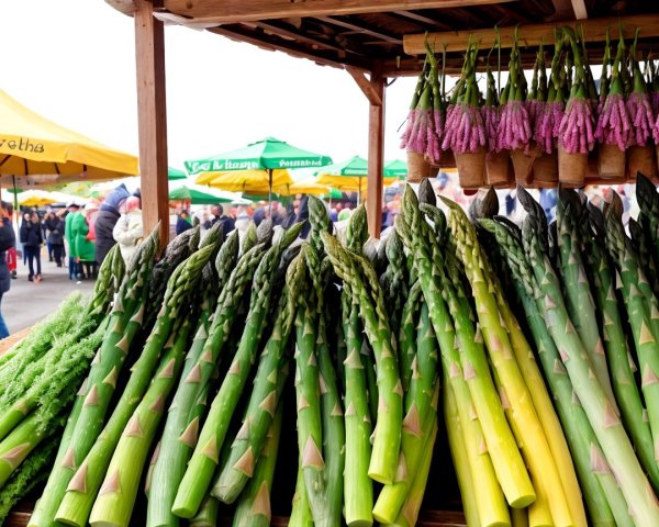 Vibrant Farmers' Market with Fresh Asparagus and Flowers