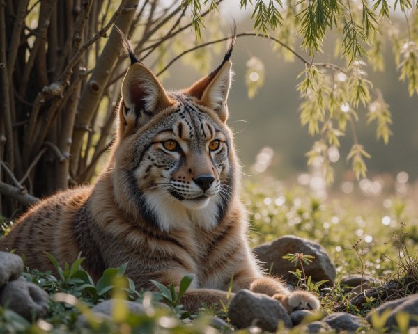 Lynx Resting in Lush Greenery and Soft Sunlight
