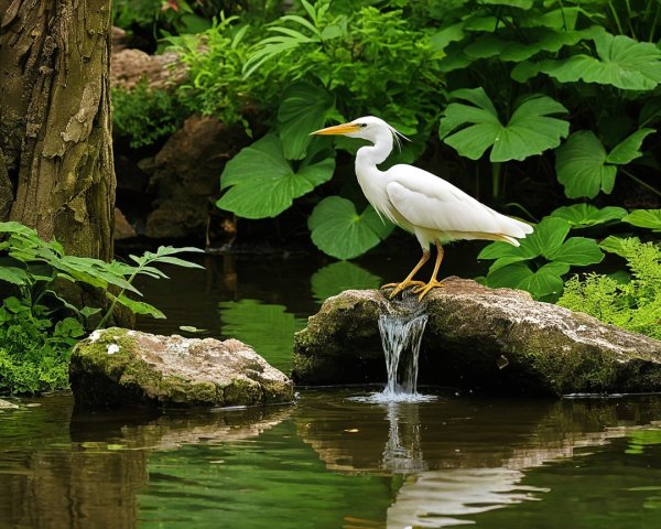 White Bird by Serene Pond Surrounded by Greenery