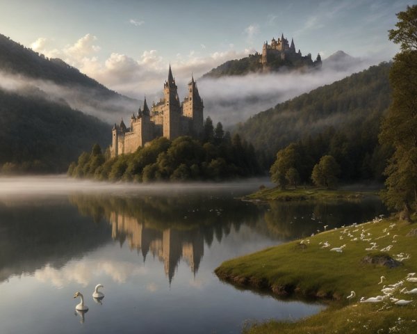 Majestic castle on a hill with serene lake and forests