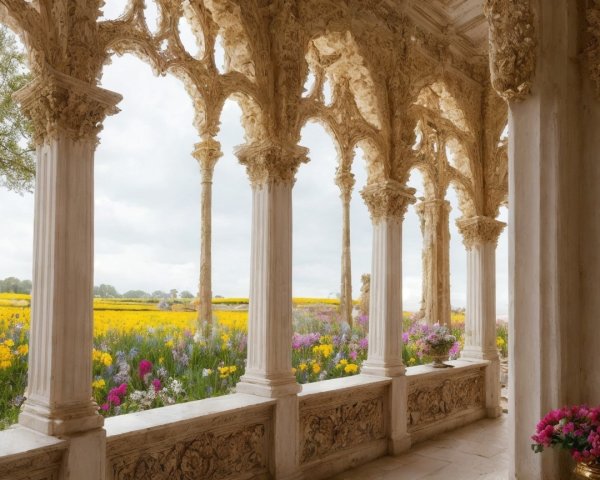 Architectural Corridor with Carved Columns and Wildflowers