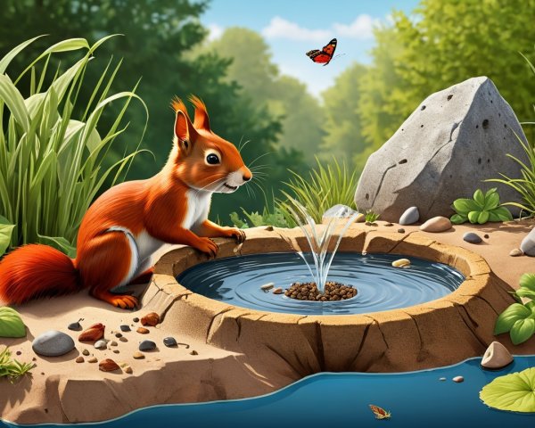 Vibrant Cartoon Scene of Squirrel by Water Basin