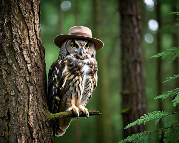 Anthropomorphic owl on mossy branch in a forest setting