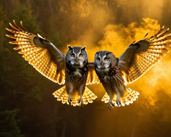 Short-eared owls flying with glowing wings in golden light