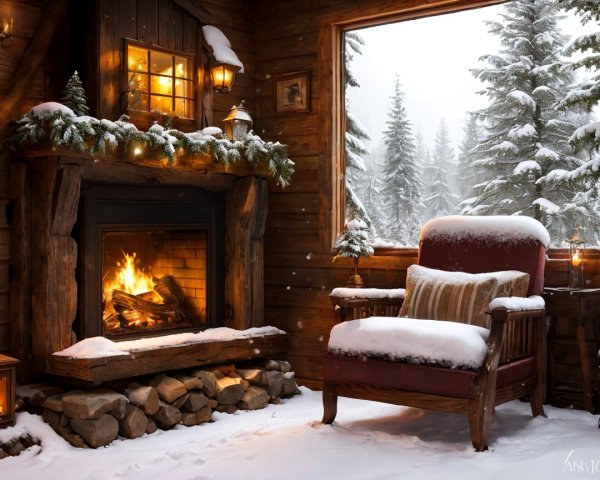Cozy Cabin Scene with Fireplace and Winter Charm