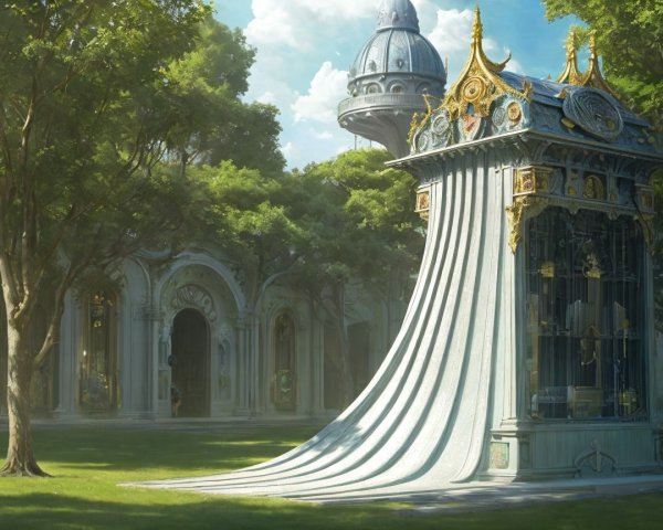Ornate Birdcage Structure in Enchanted Greenery