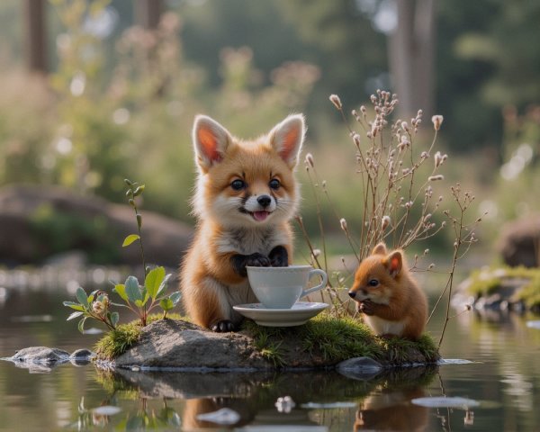 Fox Cubs Having a Tea Party by a Tranquil Pond