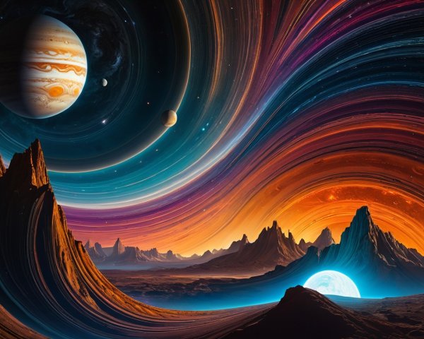 Vibrant Cosmic Landscape with Celestial Bodies and Mountains