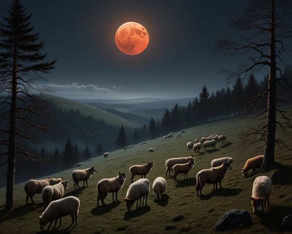 Night Landscape with Sheep Under a Blood Moon
