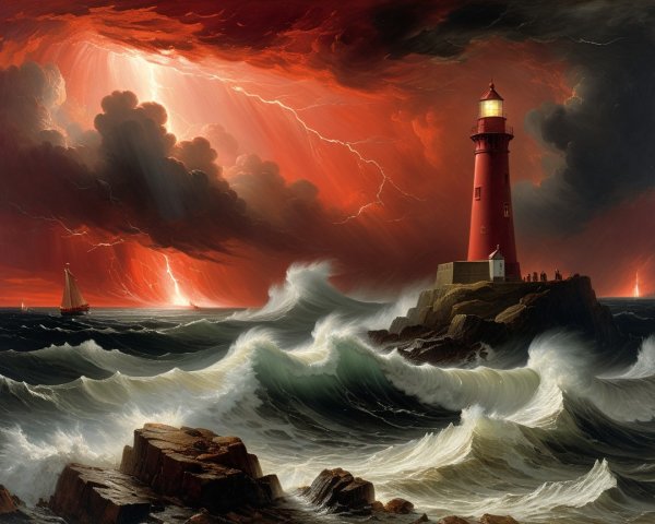 Dramatic Seascape with Lighthouse and Stormy Sky